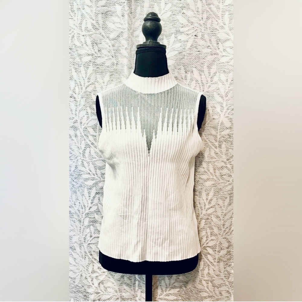 White Ribbed Sleeveless Mock-Neck Top w/ See-Through Chest Design